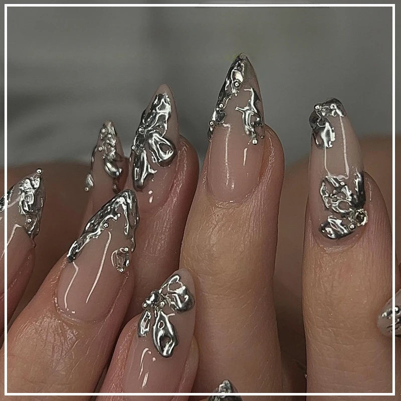 Textured 3D Metallic French Manicure Press-On Nails