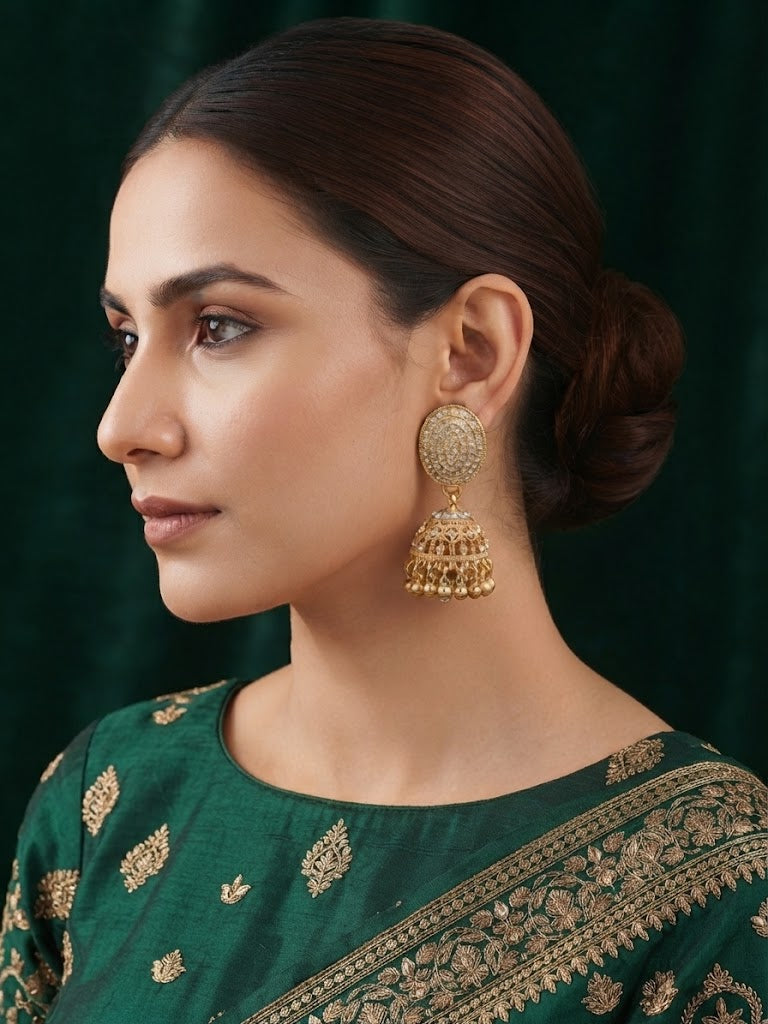 Gold Oval Kundan & Stone-Studded Jhumka