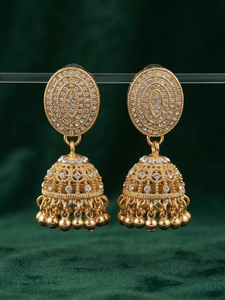 Gold Oval Kundan & Stone-Studded Jhumka