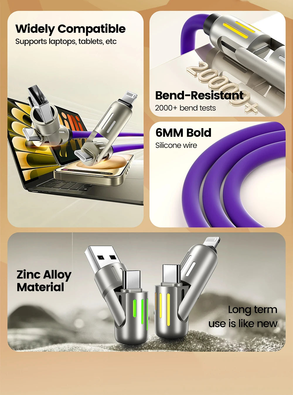 240W 4 in 1 Fast Charging Cable USB-A/USB-C to Type-C & Lightning