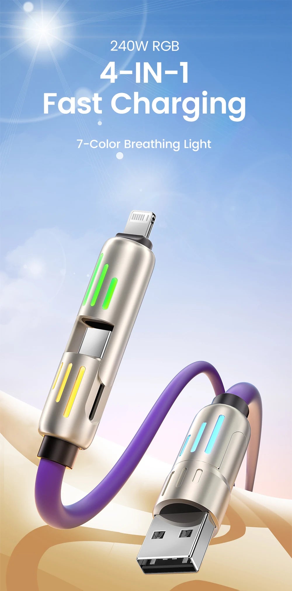 240W 4 in 1 Fast Charging Cable USB-A/USB-C to Type-C & Lightning