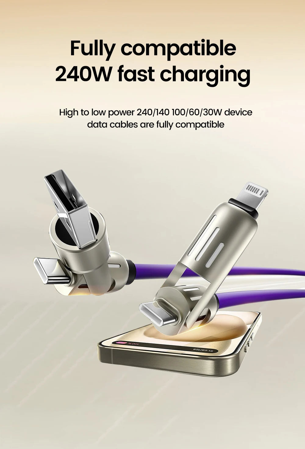 240W 4 in 1 Fast Charging Cable USB-A/USB-C to Type-C & Lightning