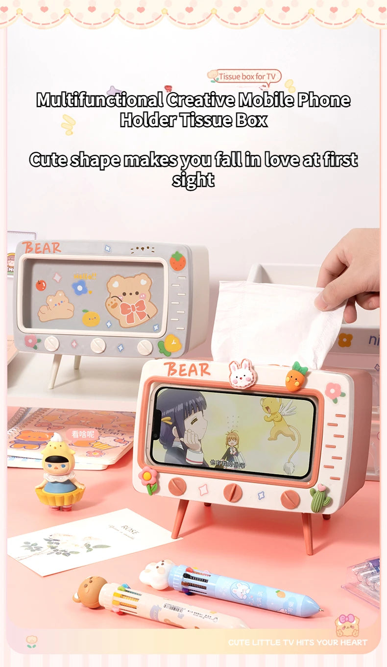 TV Tissue Box Holder with Phone Stand